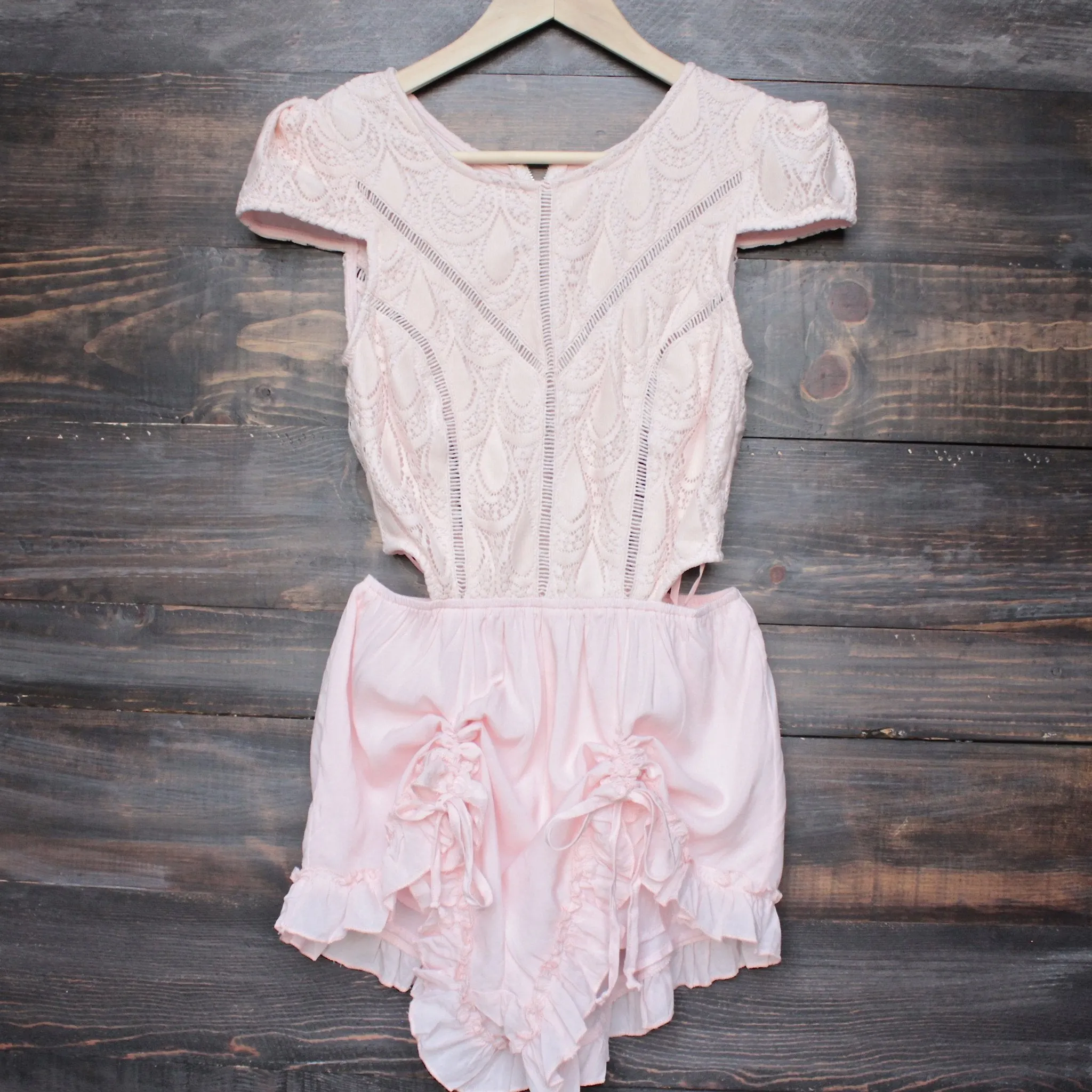 Final Sale - Thalia Crochet Cap Sleeve Short Romper in Baby Pink