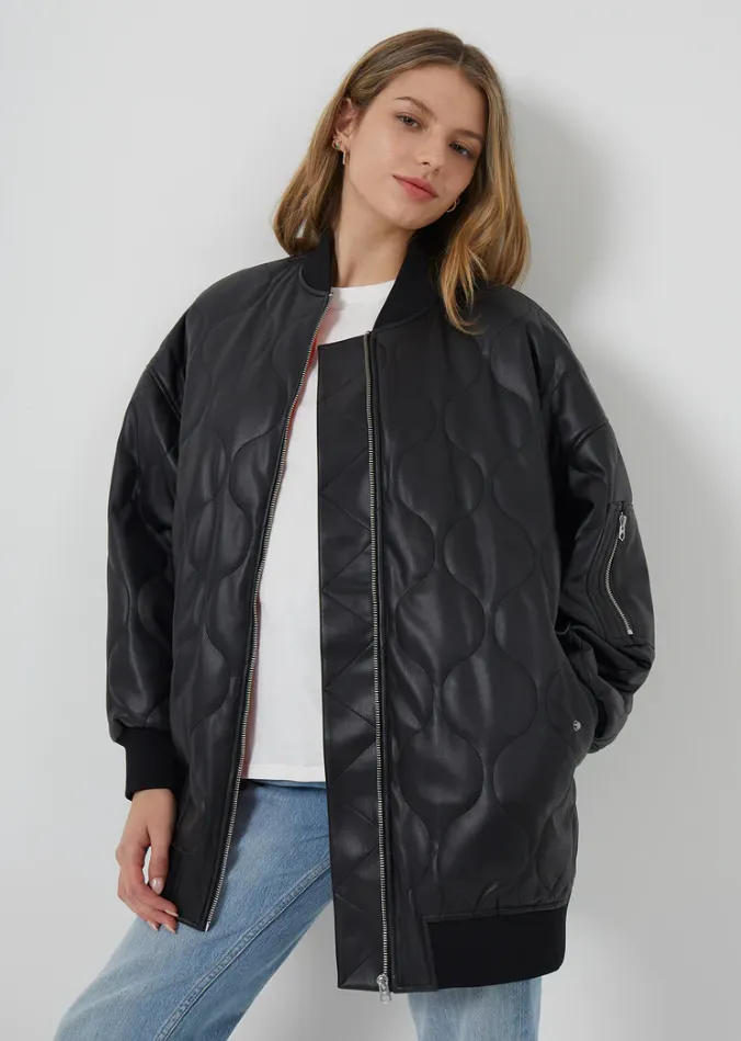 French Connection Etta Recycled Vegan Leather Oversized Quilted Jacket 75TAZ