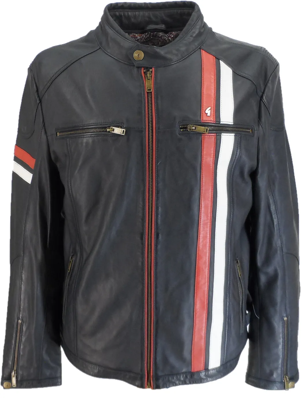 Gabicci Mens Navy/White/Red Leather Rally Jacket