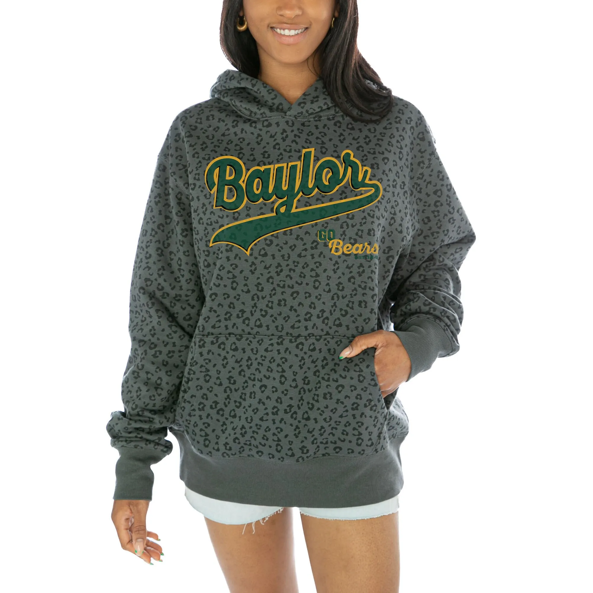 Gameday Couture  Baylor Bears Women's Black Fierce Force Leopard Print Pullover Hoodie