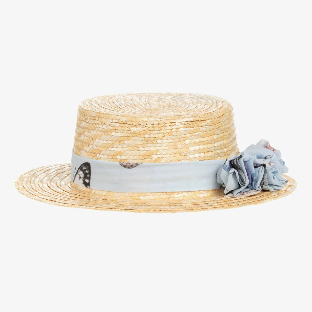 Girls Beige & Blue Butterfly Straw Hat