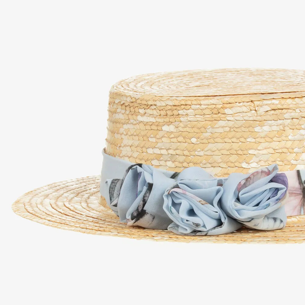 Girls Beige & Blue Butterfly Straw Hat