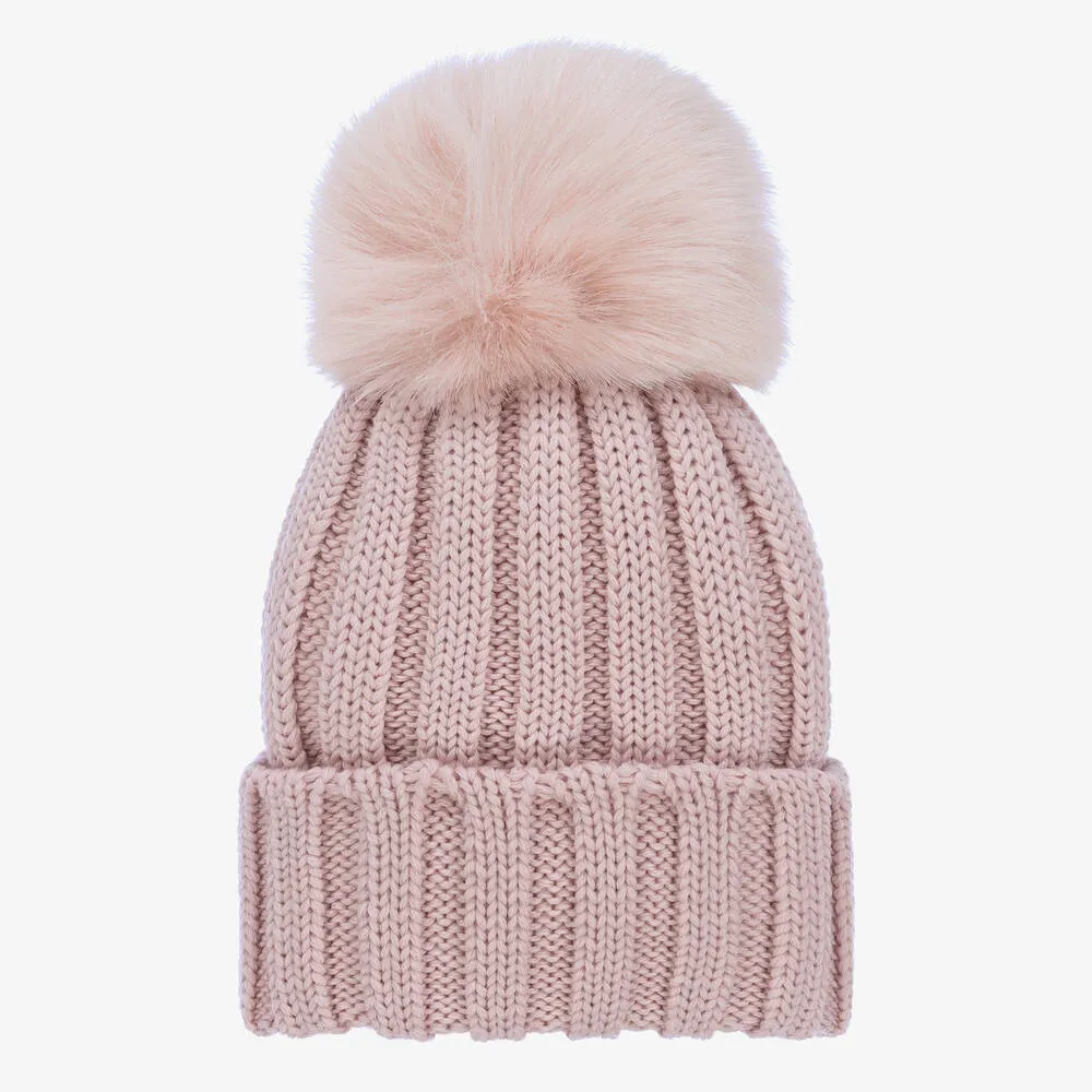 Girls Pink Wool Knitted Pom-Pom Hat