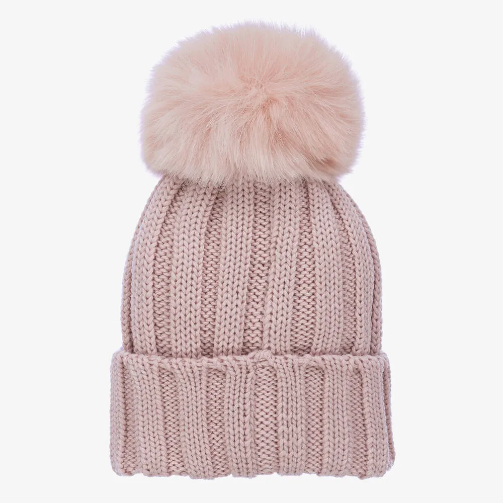 Girls Pink Wool Knitted Pom-Pom Hat