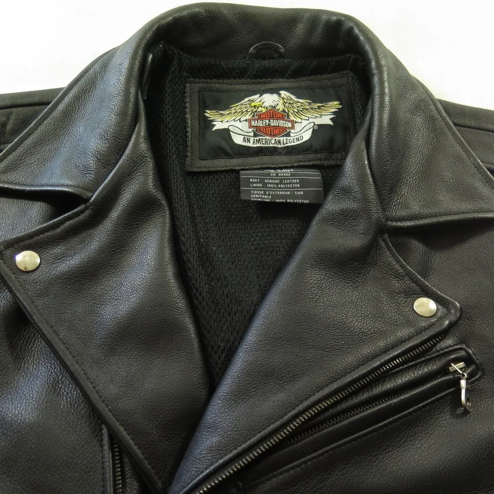 Harley Davidson Motorcycle Leather Jacket Mens L Biker Black Eagle Embroidered