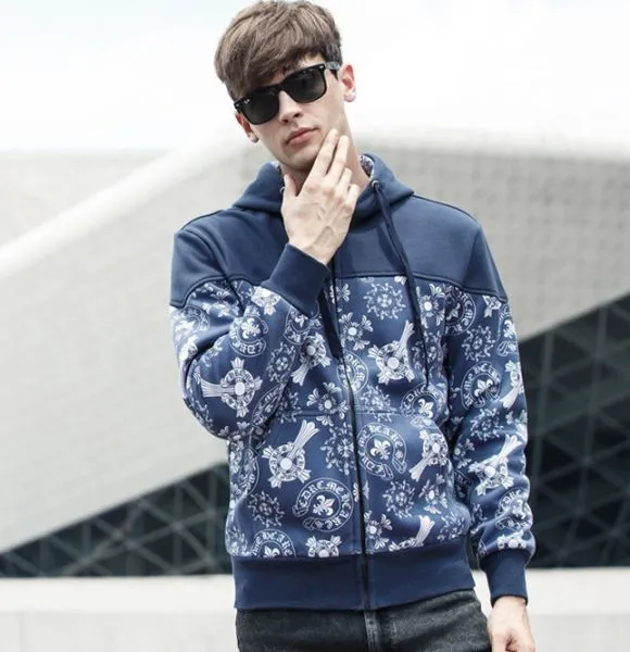 Hooded Winter Zip Thru Hoodie for Men with Baroque Flower Print