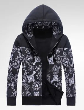 Hooded Winter Zip Thru Hoodie for Men with Baroque Flower Print