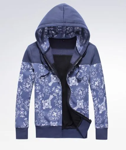 Hooded Winter Zip Thru Hoodie for Men with Baroque Flower Print