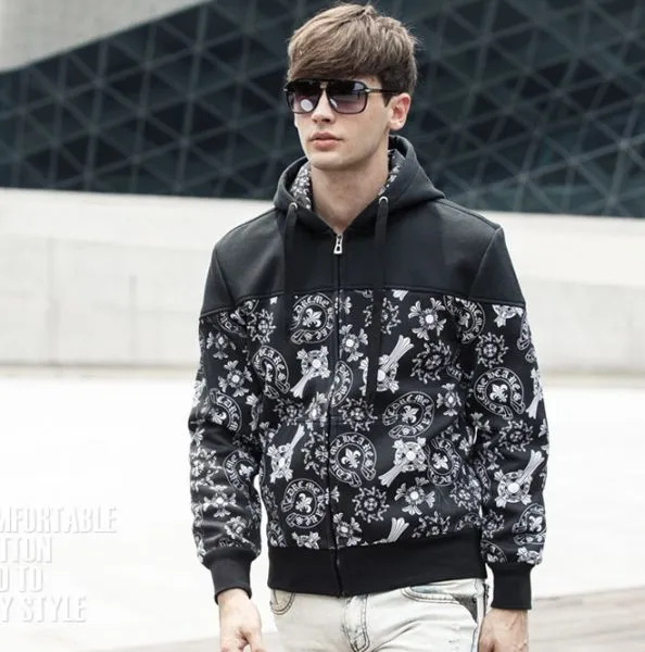 Hooded Winter Zip Thru Hoodie for Men with Baroque Flower Print