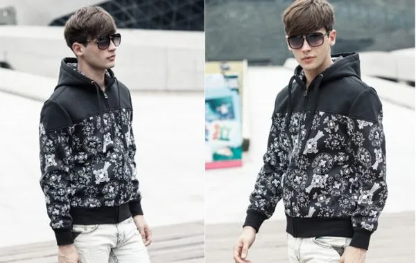 Hooded Winter Zip Thru Hoodie for Men with Baroque Flower Print