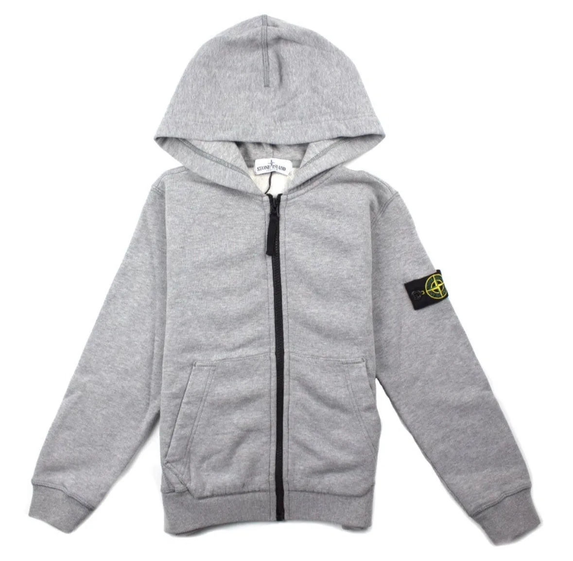 KIDS STONE ISLAND LOGO ZIP UP HOODIE - GREY