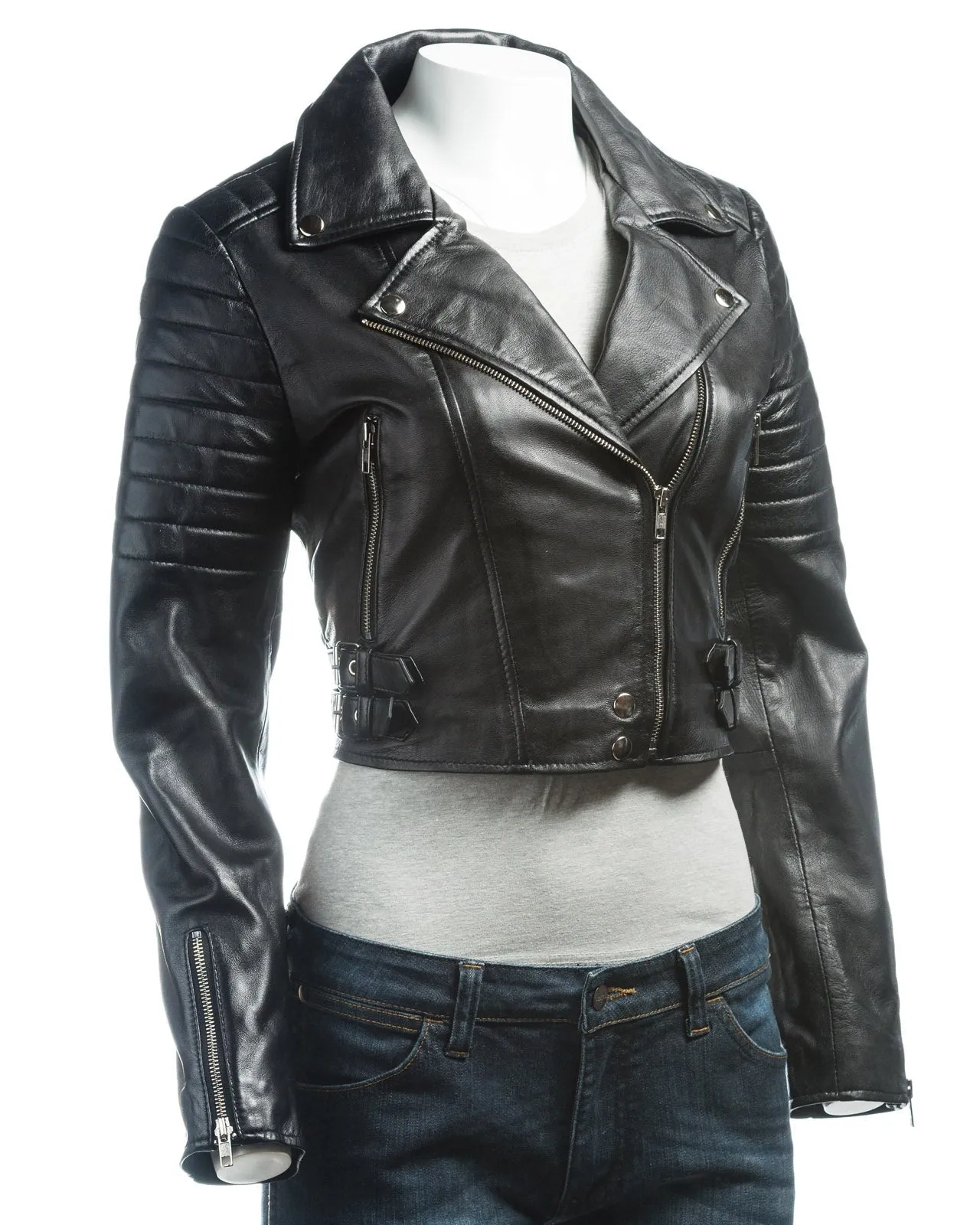 Ladies Black Cropped Leather Biker Style Jacket: Concetta