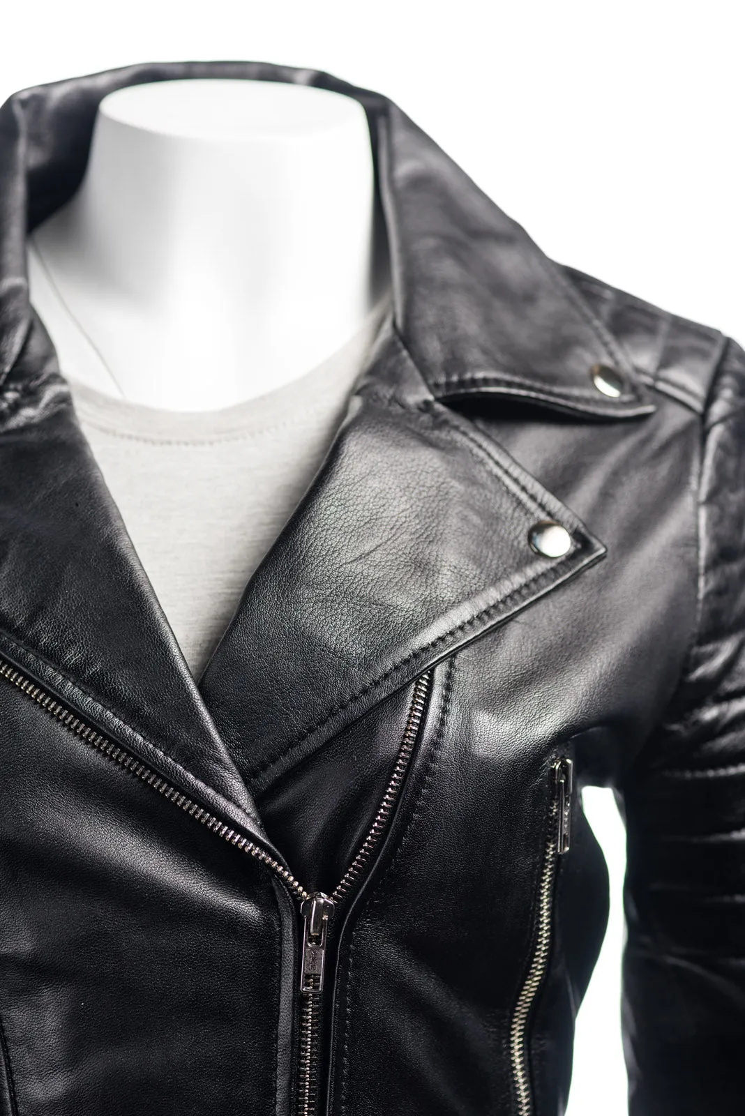 Ladies Black Cropped Leather Biker Style Jacket: Concetta