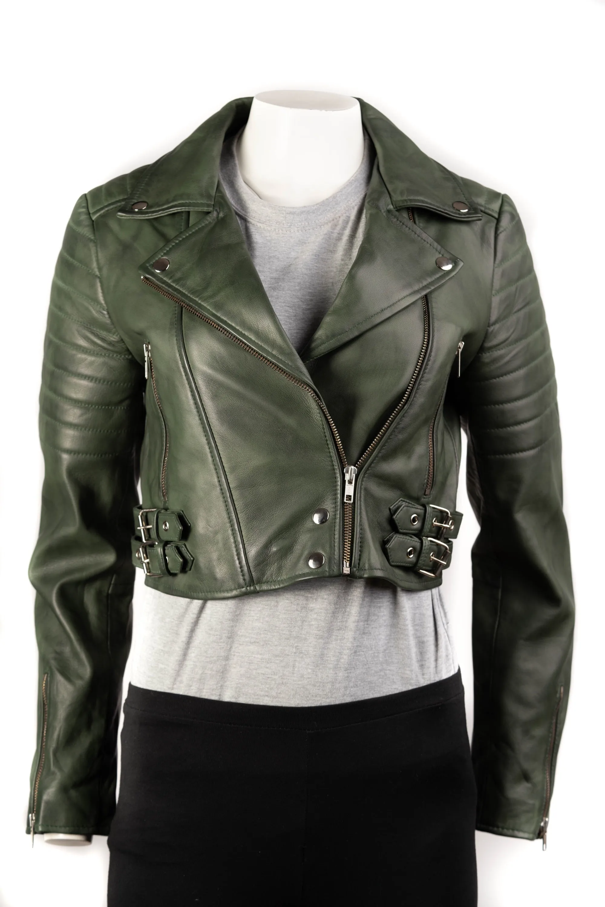 Ladies Forest Green Cropped Leather Biker Style Jacket: Concetta