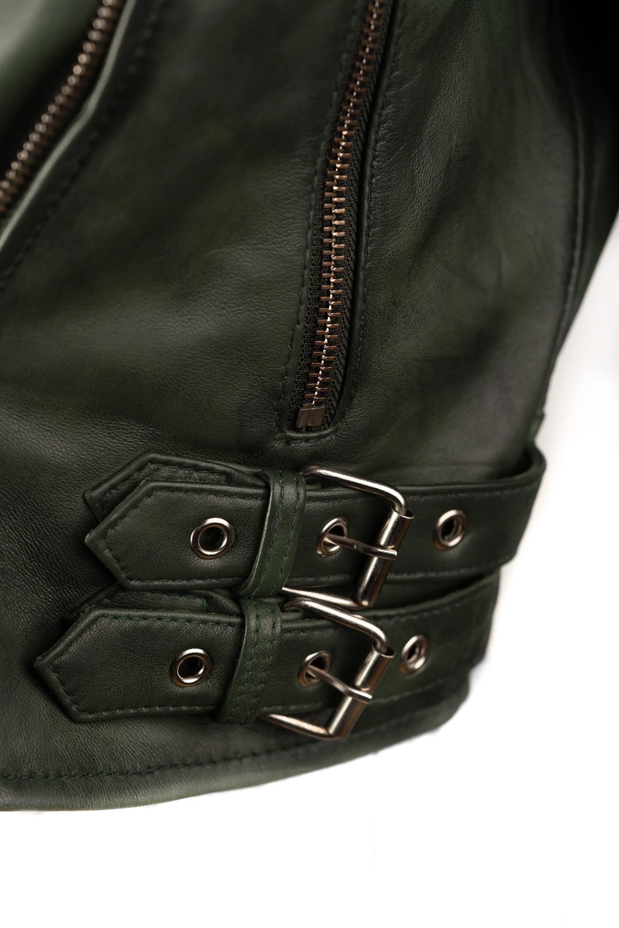 Ladies Forest Green Cropped Leather Biker Style Jacket: Concetta