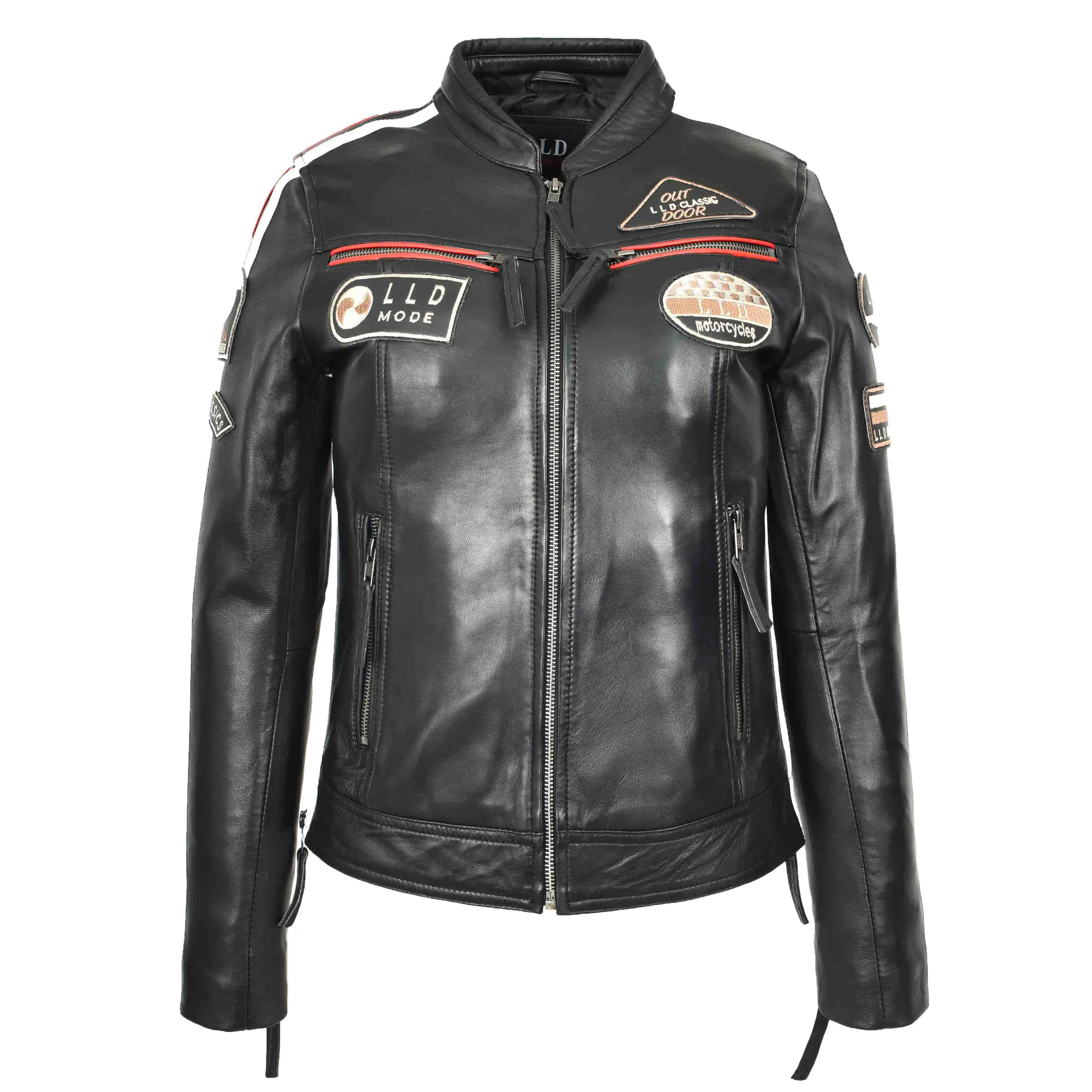 Ladies Leather Cafe Racer Biker Jacket Motorcycle Badges Rosa Black