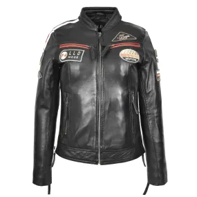 Ladies Leather Cafe Racer Biker Jacket Motorcycle Badges Rosa Black