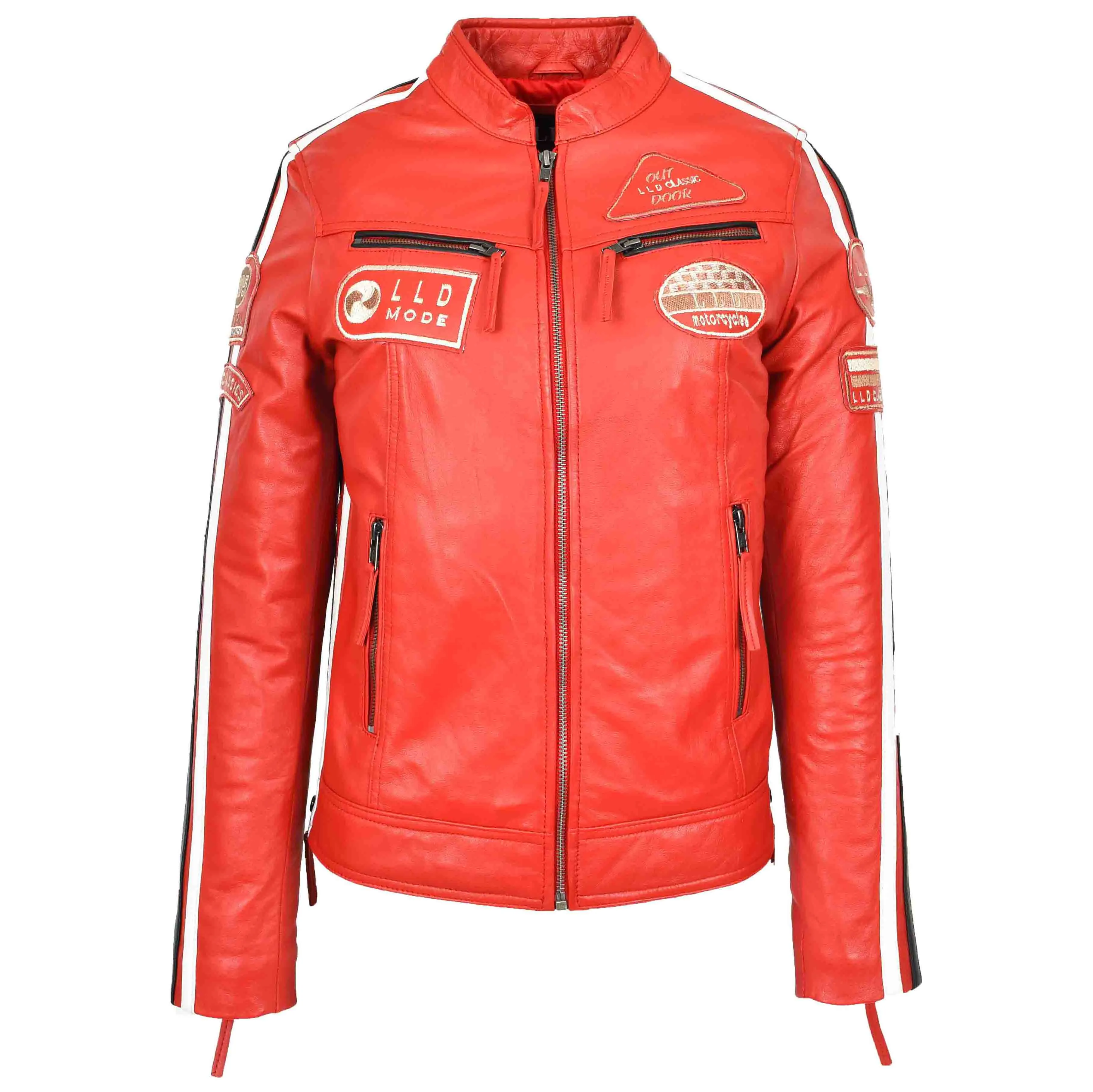 Ladies Leather Cafe Racer Biker Jacket Motorcycle Badges Rosa Red