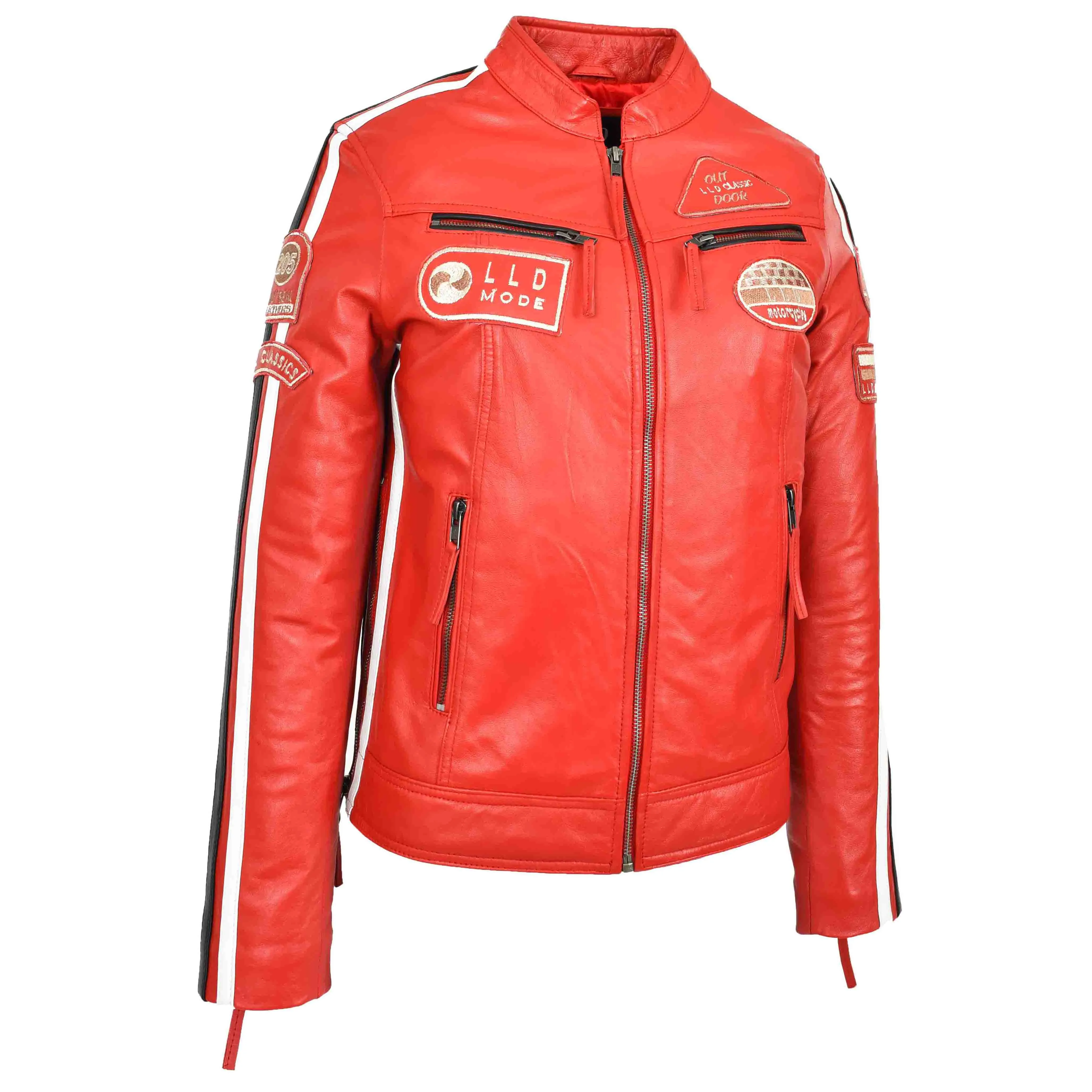 Ladies Leather Cafe Racer Biker Jacket Motorcycle Badges Rosa Red