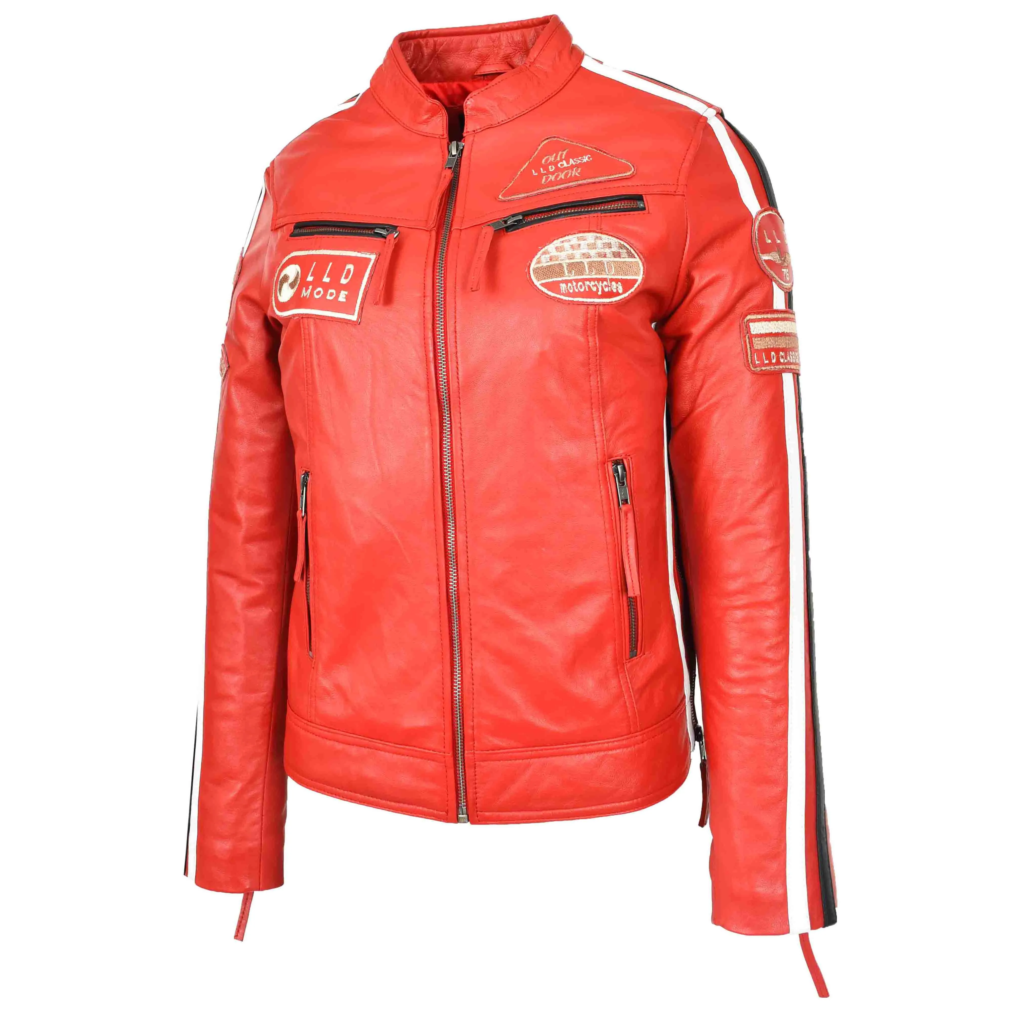 Ladies Leather Cafe Racer Biker Jacket Motorcycle Badges Rosa Red