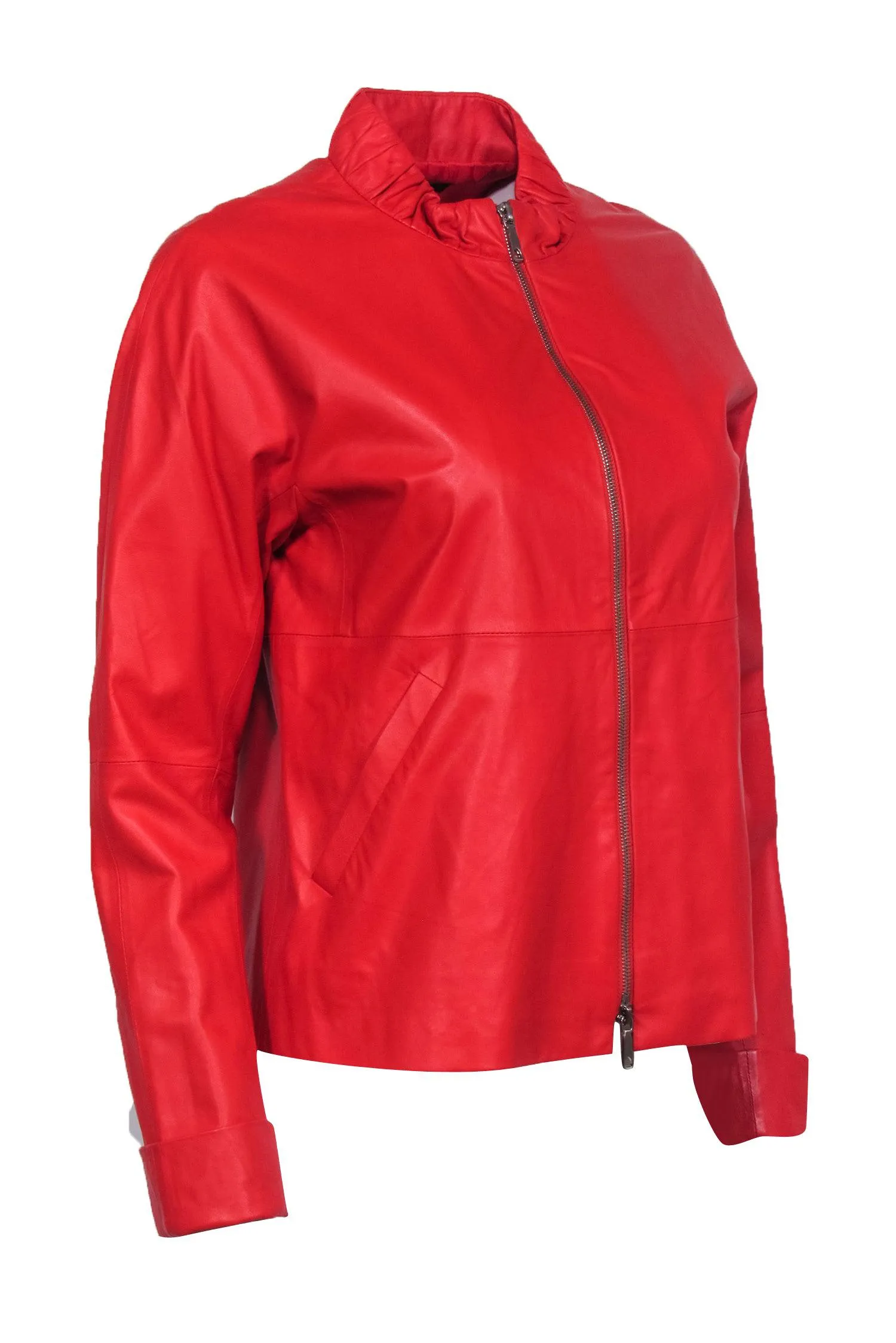 Lafayette 148 - Bright Red Zipper Front Leather Jacket Sz 0