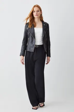 Leather Asymmetric Zip Through Collarless Biker Jacket | Karen Millen