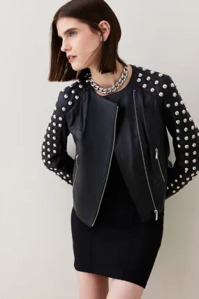 Leather Dome Stud & Quilted Detail Biker Jacket | Karen Millen