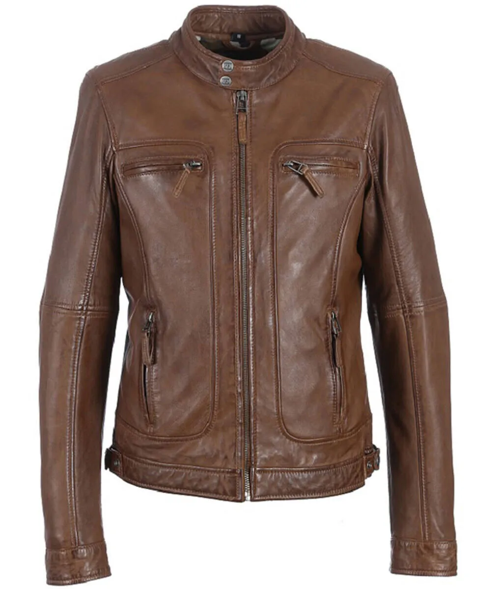 Leather jacket man tabacco oakwood 60901 trendy biker style lambskin