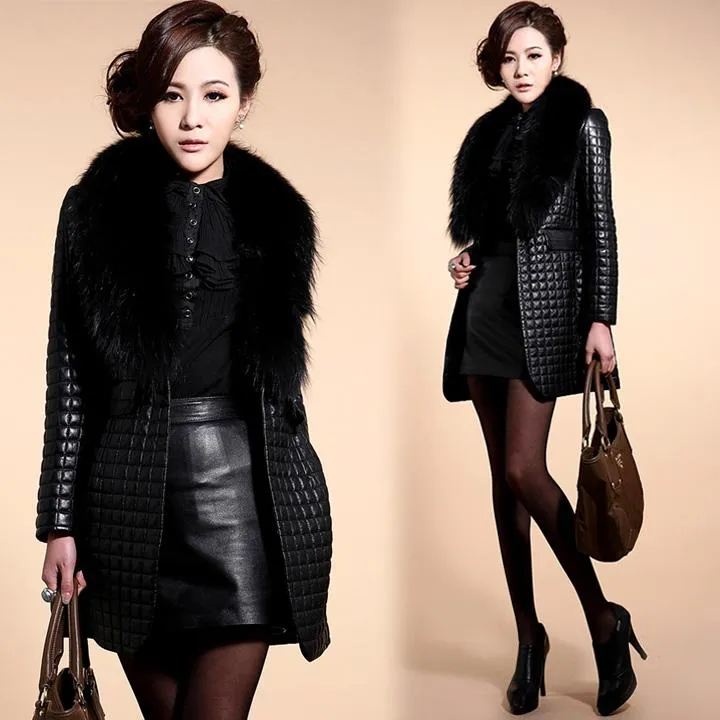 Leather Skin Women Black Diamond Quilted Leather Jacket with Black Fur - Leather Skin Shop