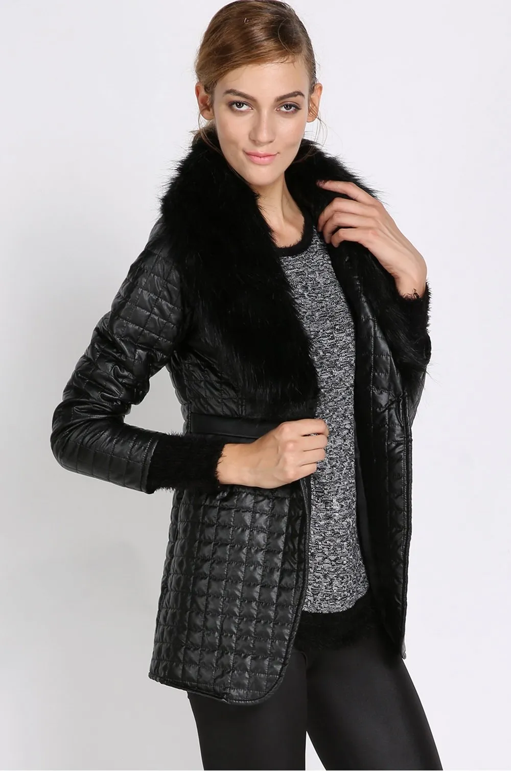 Leather Skin Women Black Diamond Quilted Leather Jacket with Black Fur - Leather Skin Shop