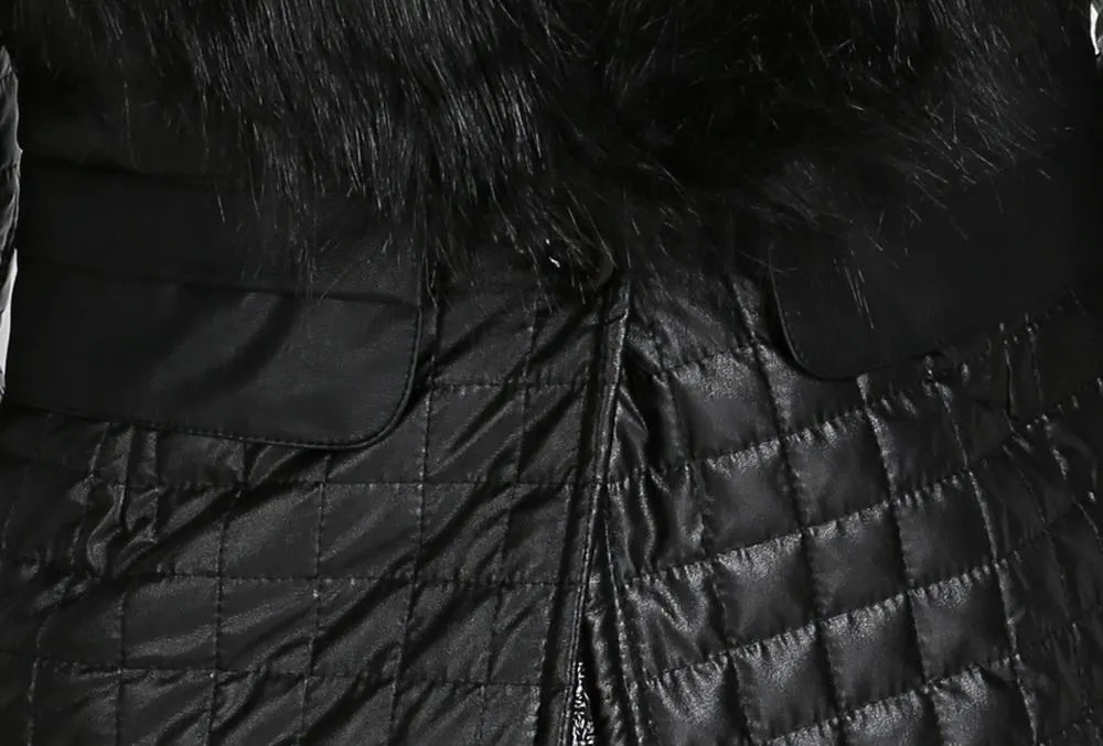 Leather Skin Women Black Diamond Quilted Leather Jacket with Black Fur - Leather Skin Shop