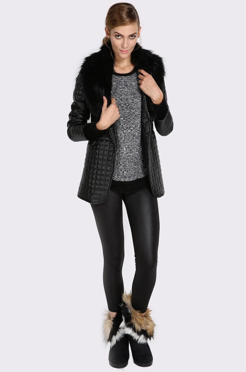 Leather Skin Women Black Diamond Quilted Leather Jacket with Black Fur - Leather Skin Shop