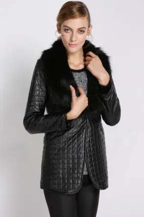 Leather Skin Women Black Diamond Quilted Leather Jacket with Black Fur - Leather Skin Shop