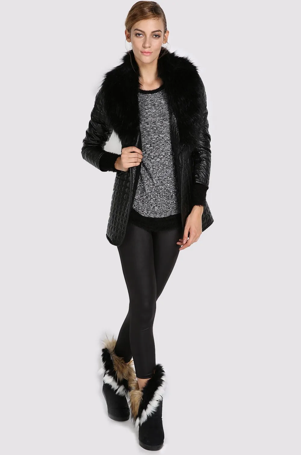 Leather Skin Women Black Diamond Quilted Leather Jacket with Black Fur - Leather Skin Shop