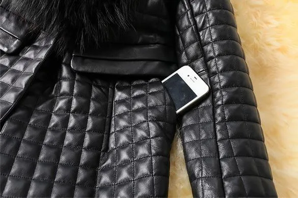 Leather Skin Women Black Diamond Quilted Leather Jacket with Black Fur - Leather Skin Shop