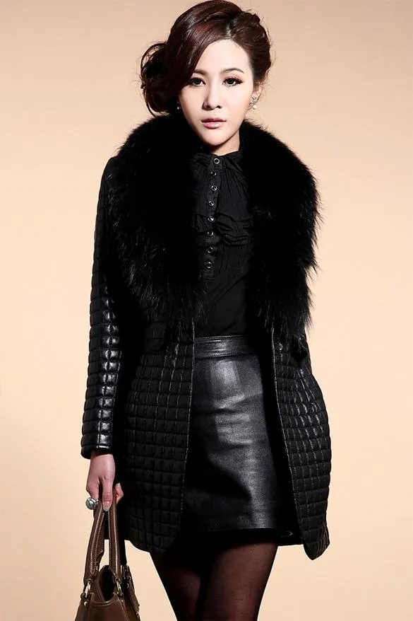 Leather Skin Women Black Diamond Quilted Leather Jacket with Black Fur - Leather Skin Shop