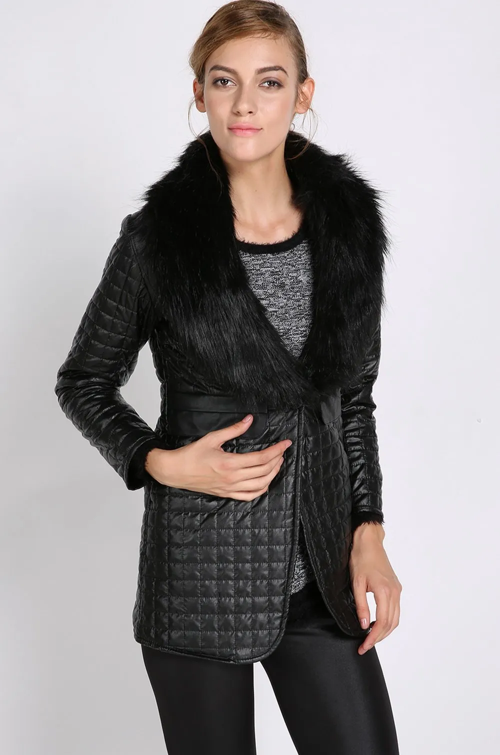 Leather Skin Women Black Diamond Quilted Leather Jacket with Black Fur - Leather Skin Shop