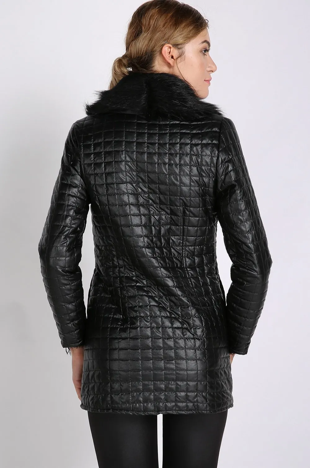 Leather Skin Women Black Diamond Quilted Leather Jacket with Black Fur - Leather Skin Shop