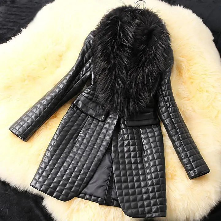 Leather Skin Women Black Diamond Quilted Leather Jacket with Black Fur - Leather Skin Shop