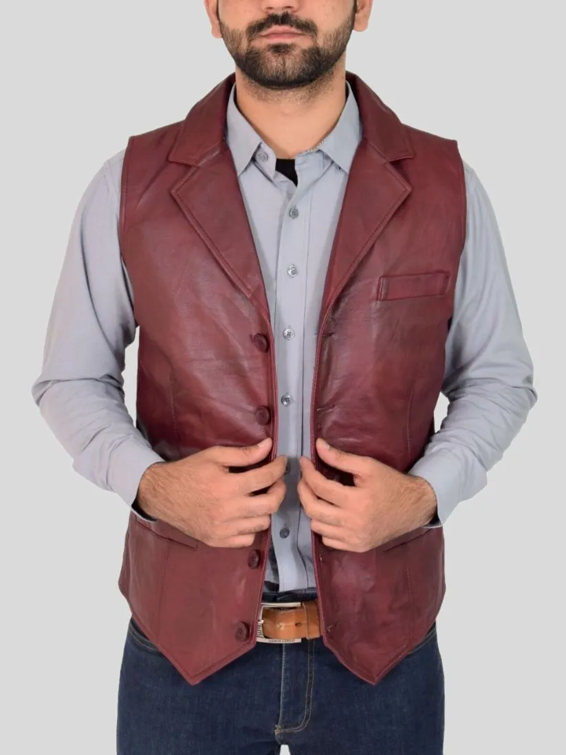 Men's Burgundy Leather Vest: Clive – Leather Jackets NZ