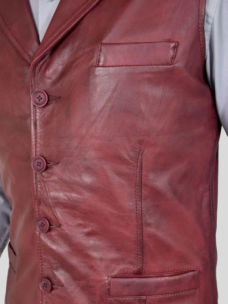 Men's Burgundy Leather Vest: Clive – Leather Jackets NZ