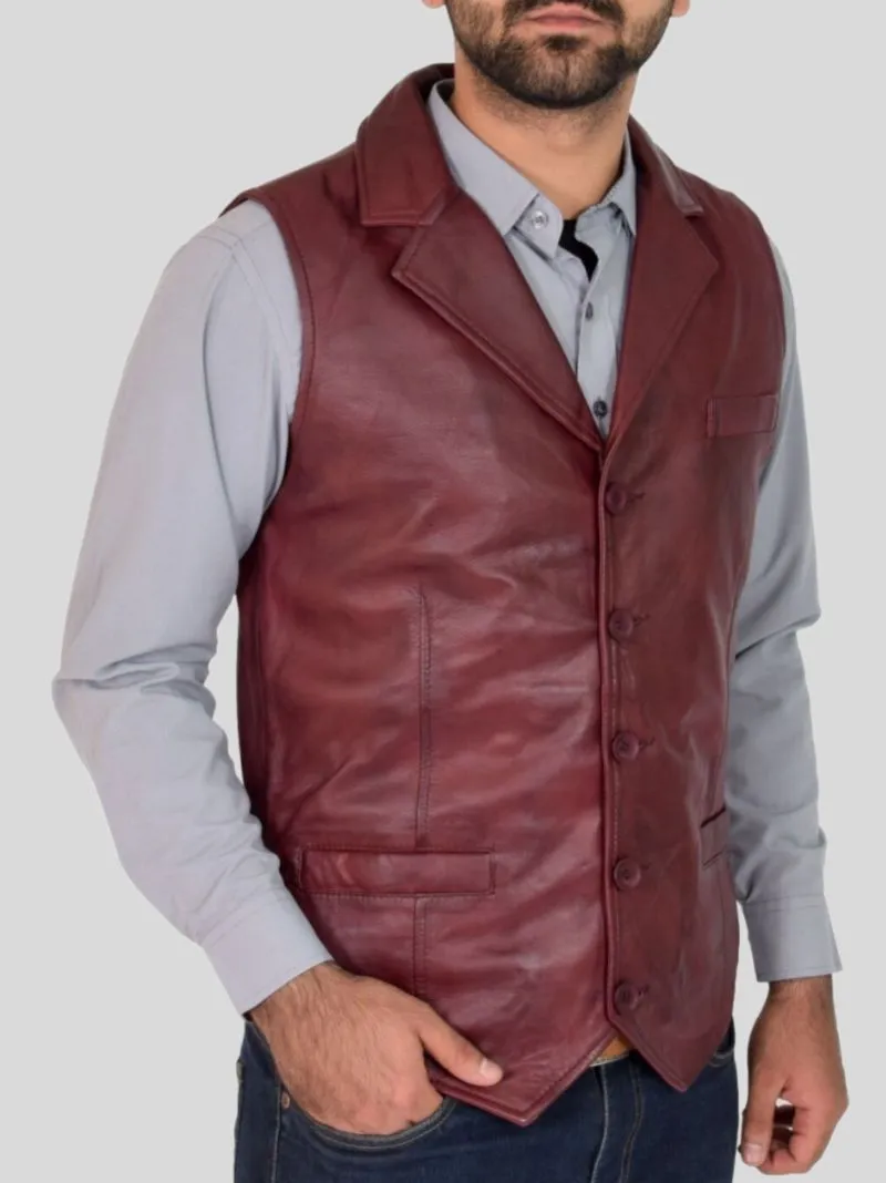 Men's Burgundy Leather Vest: Clive – Leather Jackets NZ