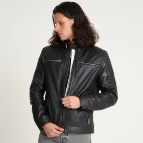 Men's Leather Racer Jacket with Quilted Shoulders - Barneys Originals