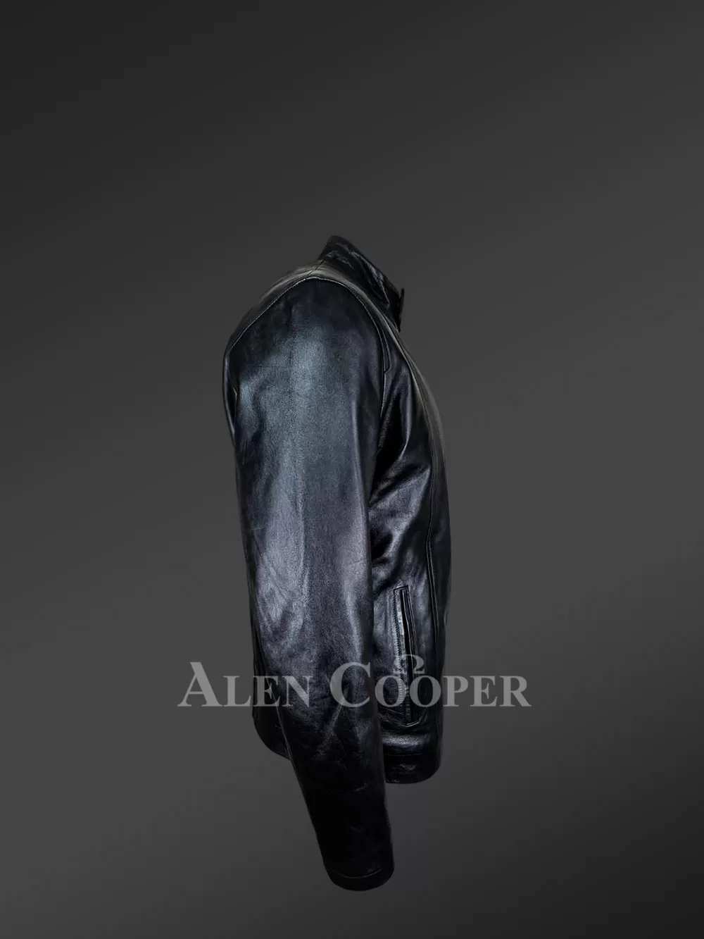 Men's Regular Biker Jacket With Mandarin Collar in Black