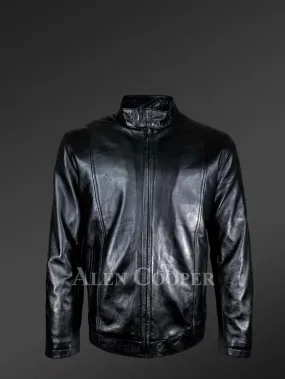 Men's Regular Biker Jacket With Mandarin Collar in Black