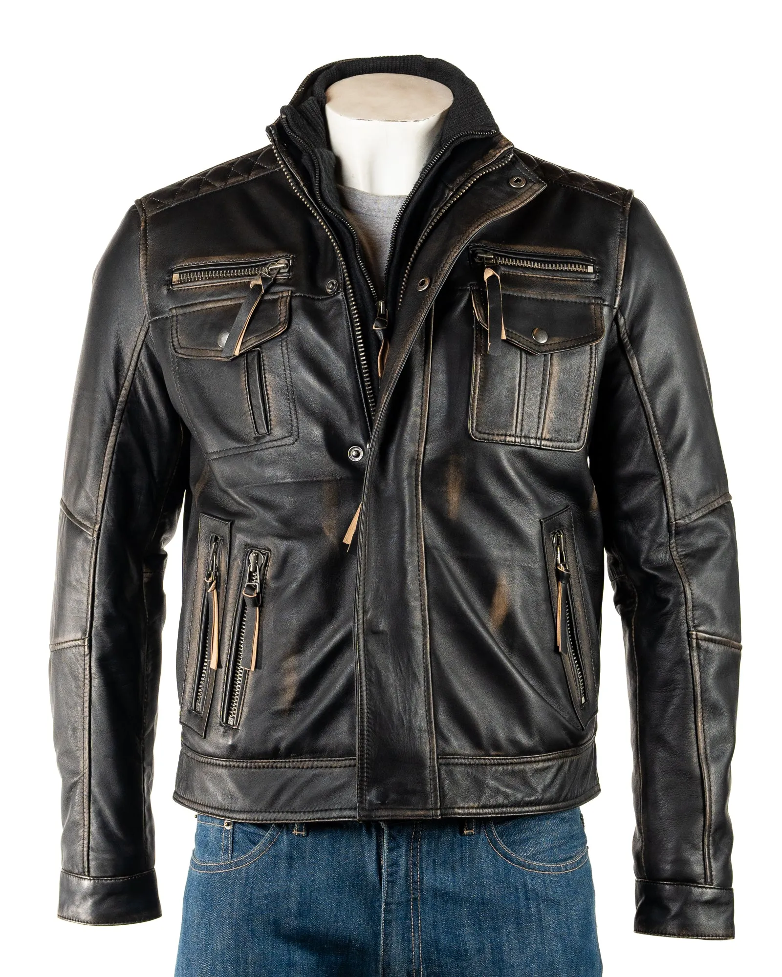 Men's Antique Black Leather Jacket with Detachable Double Collar - Ottavio