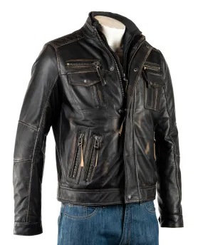 Men's Antique Black Leather Jacket with Detachable Double Collar - Ottavio