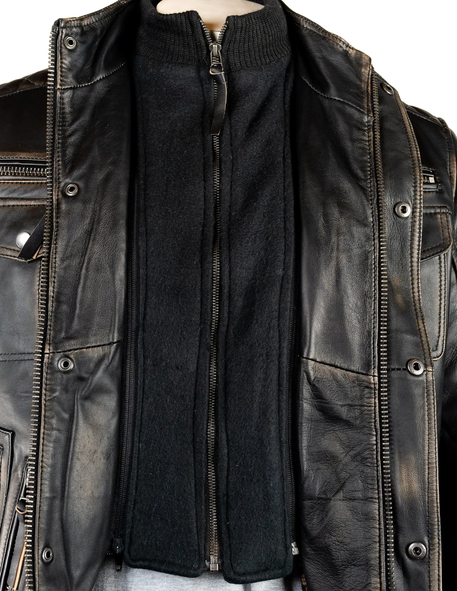 Men's Antique Black Leather Jacket with Detachable Double Collar - Ottavio