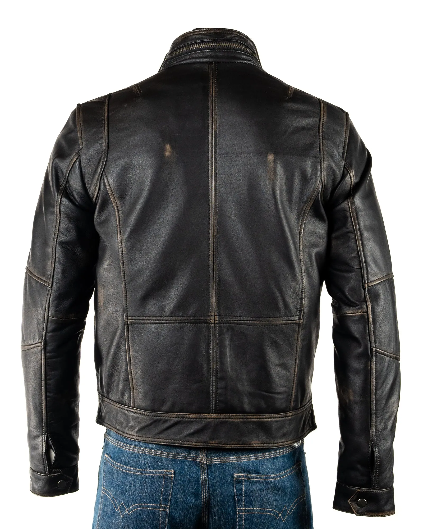 Men's Antique Black Leather Jacket with Detachable Double Collar - Ottavio