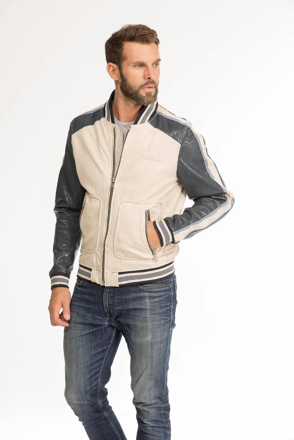 Men's beige/navy redskins fray teddy style leather jacket